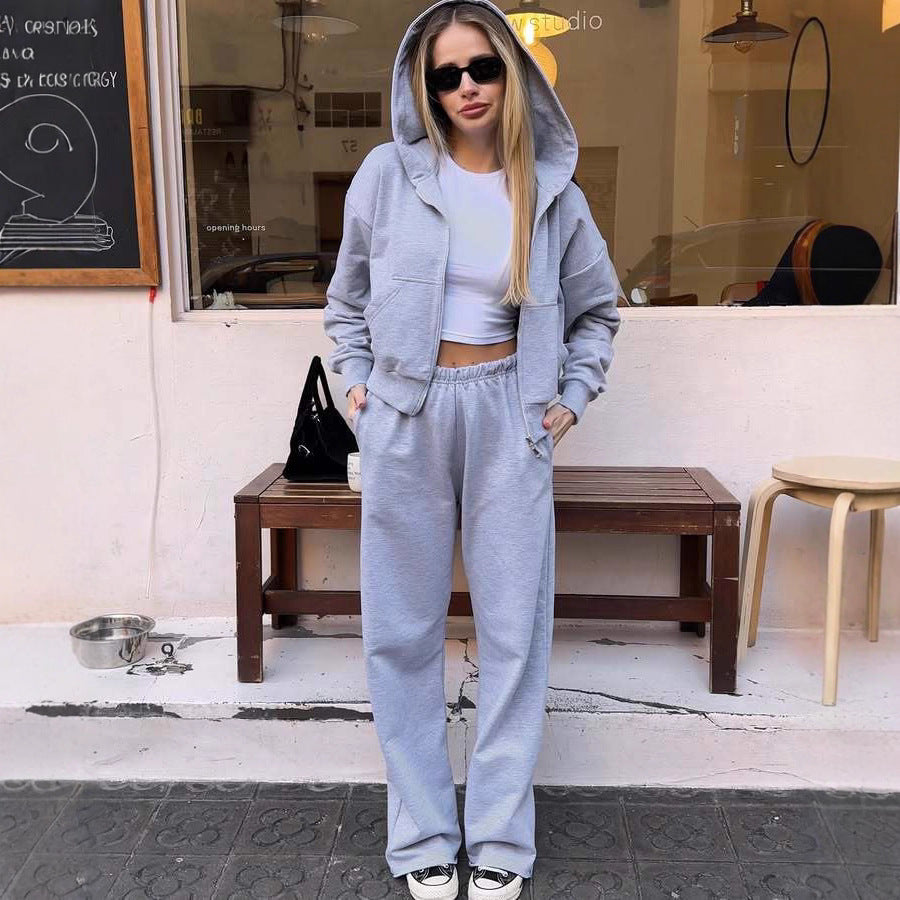 Damen stylish cropped Kapuzenjacke mit praktischen Taschen und bequemer Jogginghose R&B