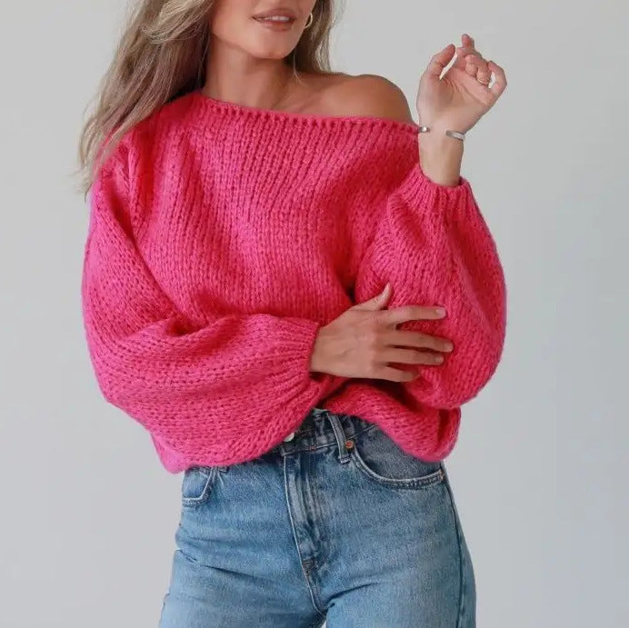Damen lässiger Strickpullover mit voluminösen Ärmeln R&B