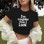 Damen Crop-T-Shirt mit kreativem Spruch und figurbetontem Schnitt R&B