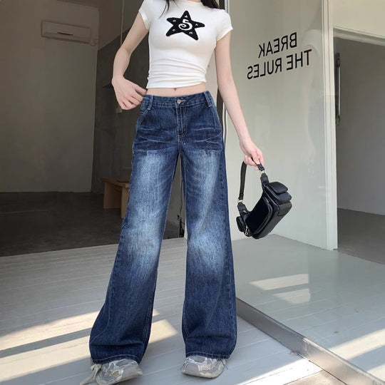 Damen Weite Jeans im lässigen Schnitt mit hoher Taille und modischen Details R&B