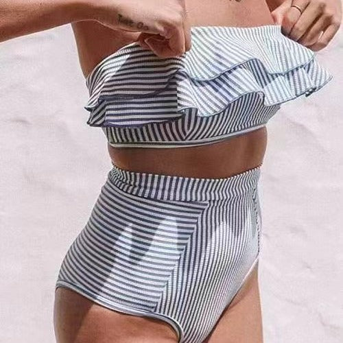 Damen Hochgeschnittener Bikini mit Rüschen-Top R&B