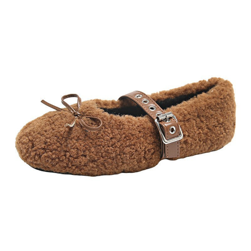 Damen Ballerinas aus kuscheligem Stoff mit verstellbarem Riemen und Schleifen-Applikation R&B