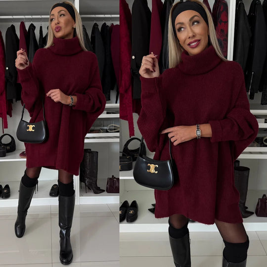 Damen Stylish Oversized Pullover mit hohem Kragen R&B