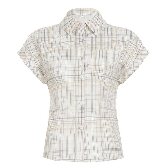 Damen Kurzarm-Karobluse mit tailliertem Schnitt und Knopfdetails R&B
