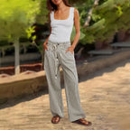 Damen lässige weite Hose im Streifenlook mit elastischem Bund und Bindegürtel R&B