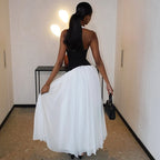 Damen Elegantes Maxikleid mit tiefem V-Ausschnitt und stilvollem Farbkontrast R&B