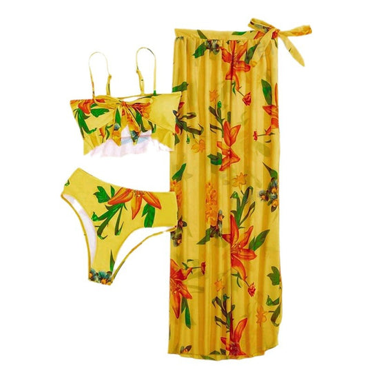 Damen Bikini-Set mit floralem Oberteil und lässigem Maxi-Rock R&B