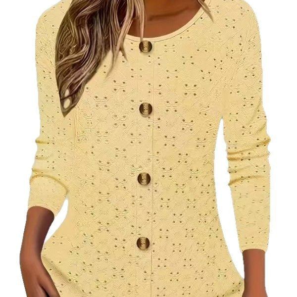 Damen Langarm Blusenshirt mit dekorativen Knopfdetails und filigranem Lochmuster R&B