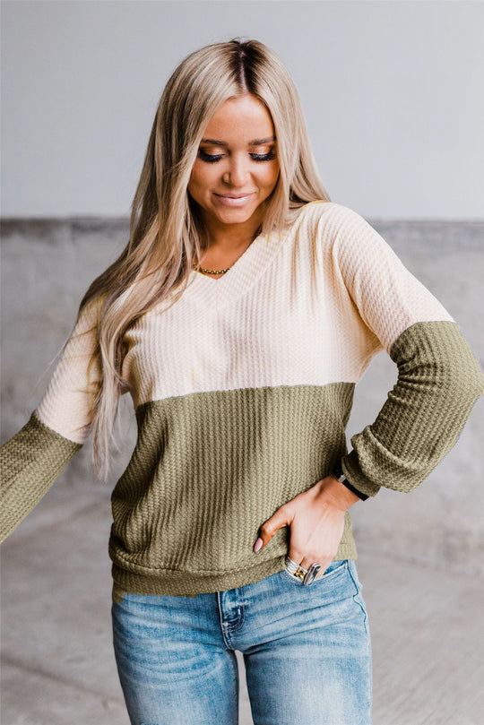 Damen lässiges V-Ausschnitt Sweatshirt mit strukturiertem Waffelstrick R&B