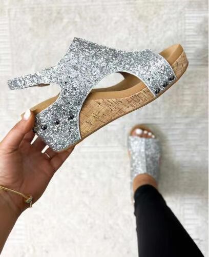 Damen Glamouröse Wedge-Sandaletten mit Glitzer und Korksohle R&B