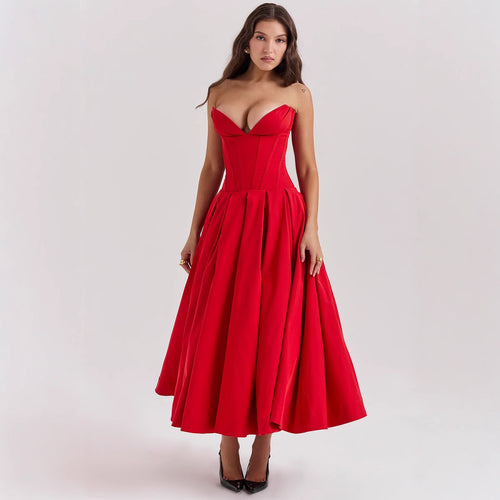 Damen nan trägerloses Korsett-Midikleid mit vorgeformter Miederkonstruktion und ausgestelltem Tellerrock R&B