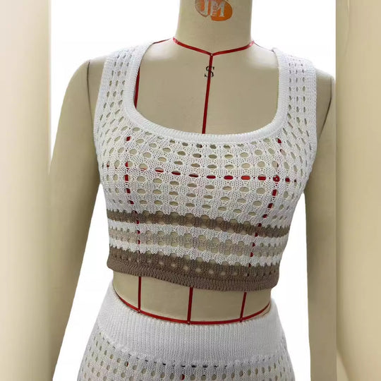 Damen elegantes gestricktes Zweiteiler-Set mit geometrischem Lochdesign R&B