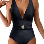 Damen Einteiliger Badeanzug mit tiefem V-Ausschnitt und eleganter Gürteldetails R&B