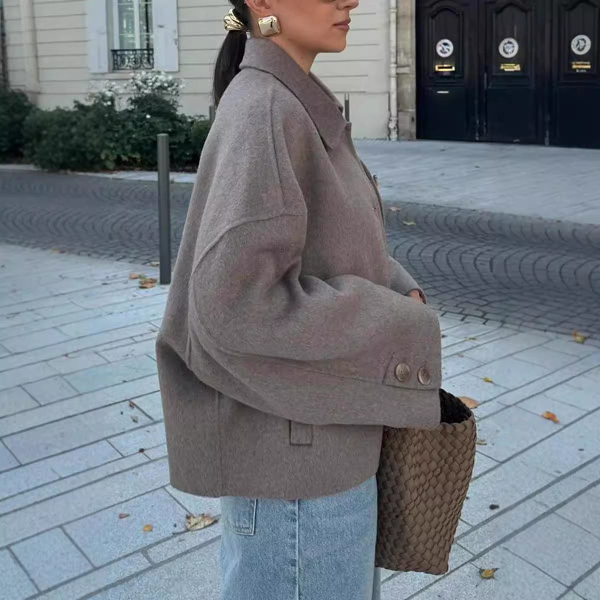 Damen Modische Oversized-Wolljacke mit Knopfdetails und weitem Schnitt R&B