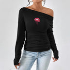 Damen Off-Shoulder Langarmshirt mit Raffung R&B
