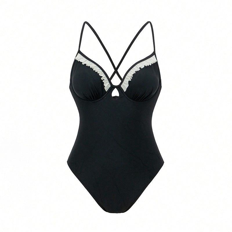 Damen Eleganter Einteiler Badeanzug mit Rüschen und Schlüsselgefühl R&B