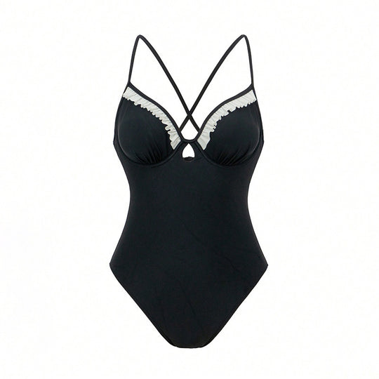 Damen Eleganter Einteiler Badeanzug mit Rüschen und Schlüsselgefühl R&B