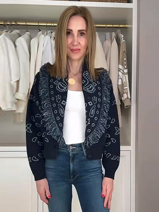 Damen gestrickte Cardigan mit fransigen Details und geometrischem Muster R&B