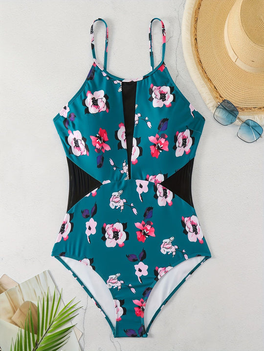 Damen Einteiliger Badeanzug mit modischem floralem Design und schickem Schwarz R&B