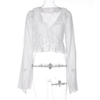 Damen Transparente Langarmbluse mit Rüschen und Bindegürtel R&B