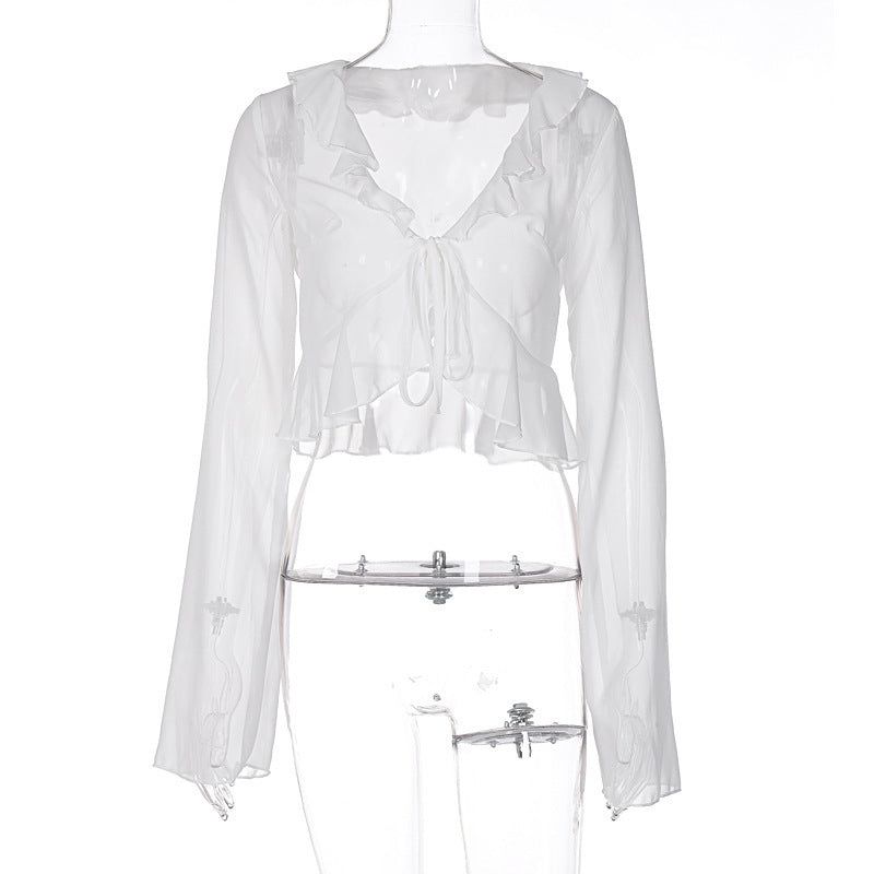 Damen Transparente Langarmbluse mit Rüschen und Bindegürtel R&B