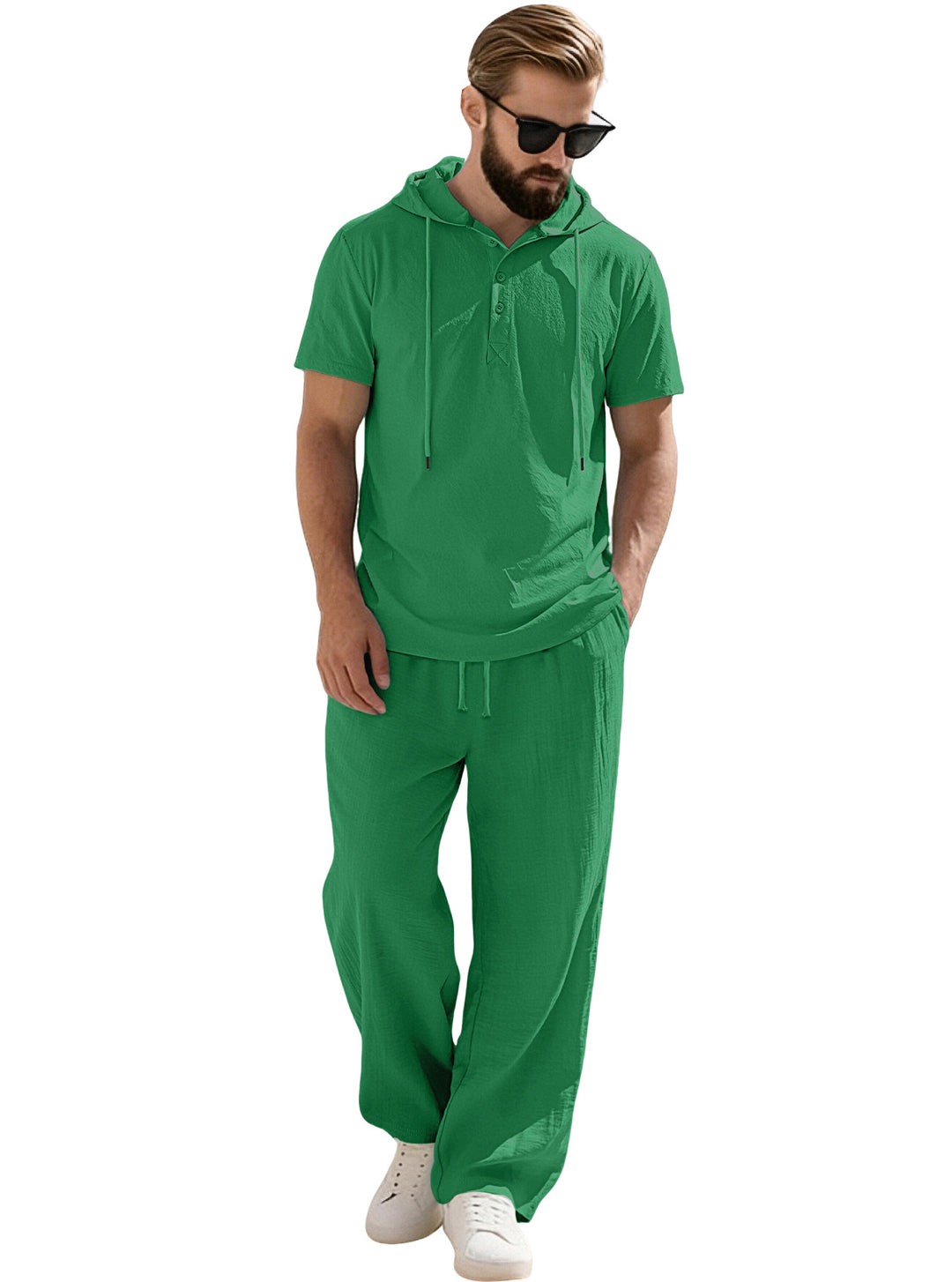 Herren nan lässiges Kurzarm-Kapuzenshirt im gekreppten Baumwollmix mit Henley-Knopfleiste R&B