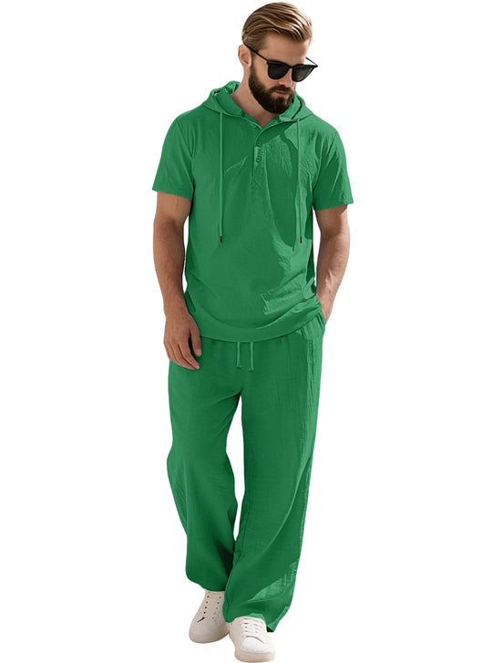 Herren nan lässiges Kurzarm-Kapuzenshirt im gekreppten Baumwollmix mit Henley-Knopfleiste R&B