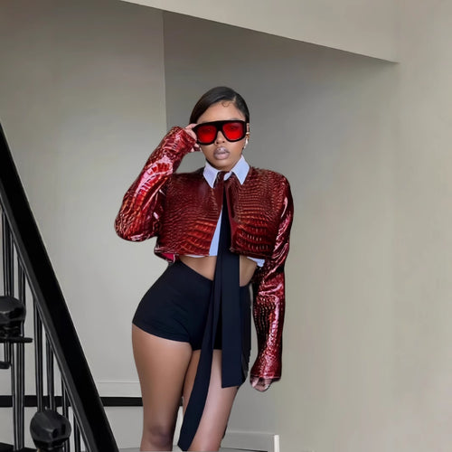 Damen Kunstlederjacke im modernen Krokodil-Design R&B