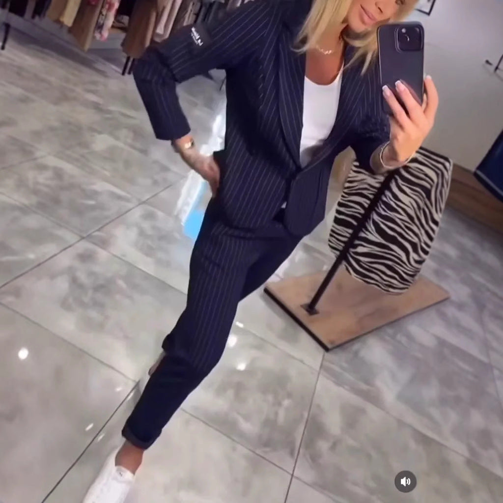 Damen Elegantes Blazer-Hosen-Set mit feinen Streifen R&B