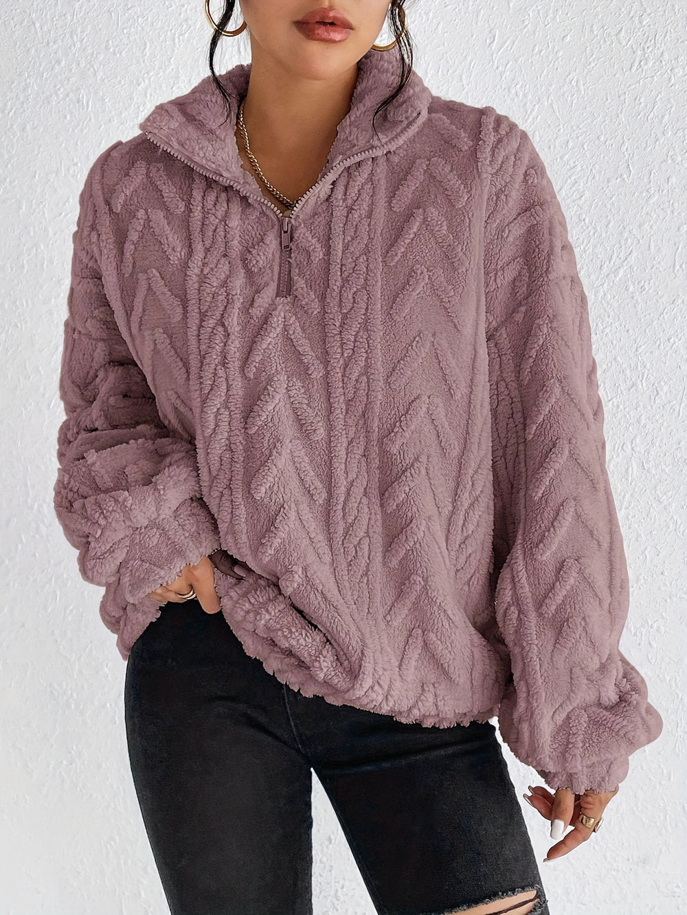 Damen Gemusterter Oversized-Fleece-Pullover mit hohem Kragen R&B