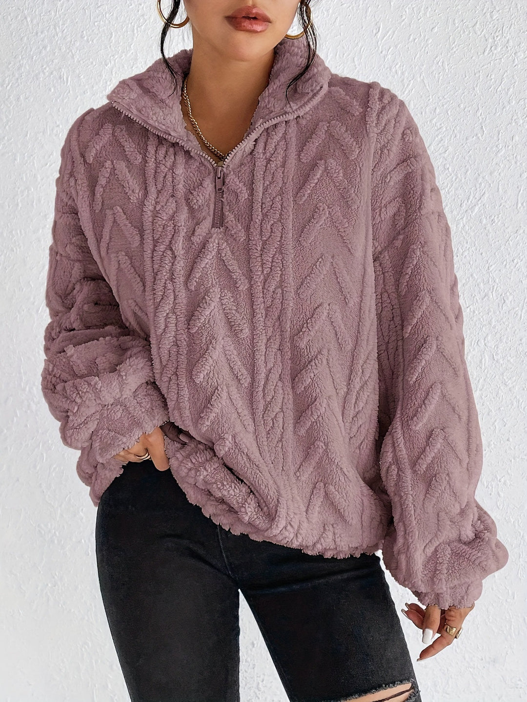 Damen Fleece Pullover mit hohem Kragen und strukturiertem Design R&B