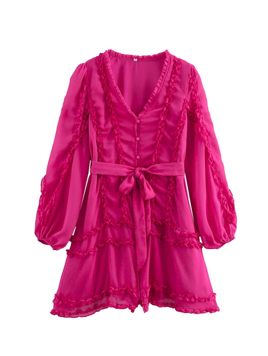 Damen verspieltes Minikleid mit Rüschendetails und Taillengürtel R&B