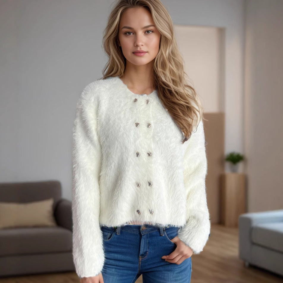 Damen flauschige Strickjacke mit herzförmigen Knöpfen und lockerer Passform R&B