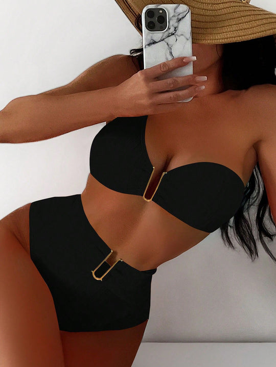 Damen High-Waist Bikini mit geschmackvollem Goldakzent R&B