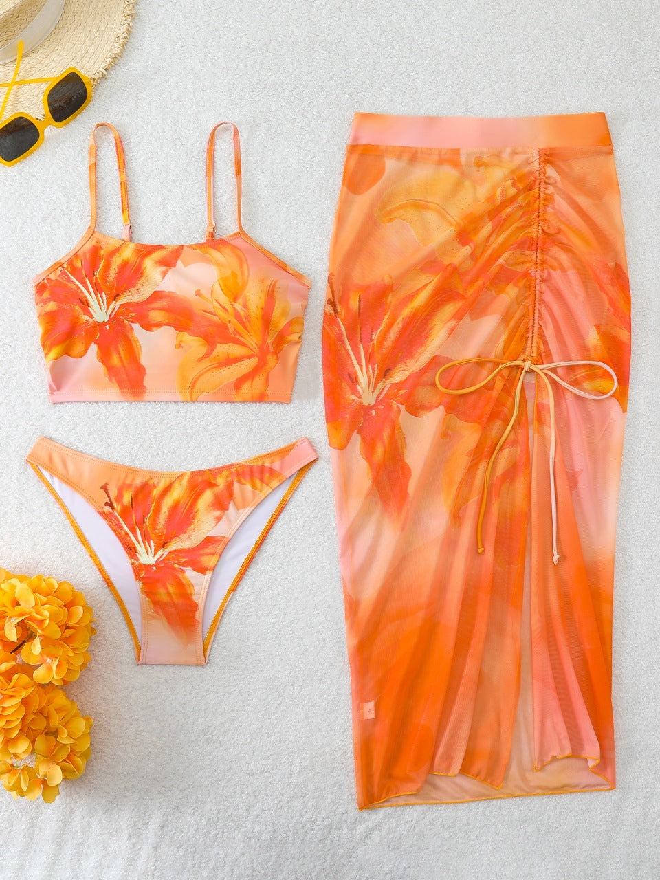 Damen Bikini-Set mit floralem Balconette-Oberteil und transparentem Wickelrock R&B