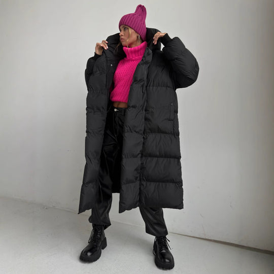 Damen Lange Steppjacke mit Kapuze und praktischem Reißverschluss R&B