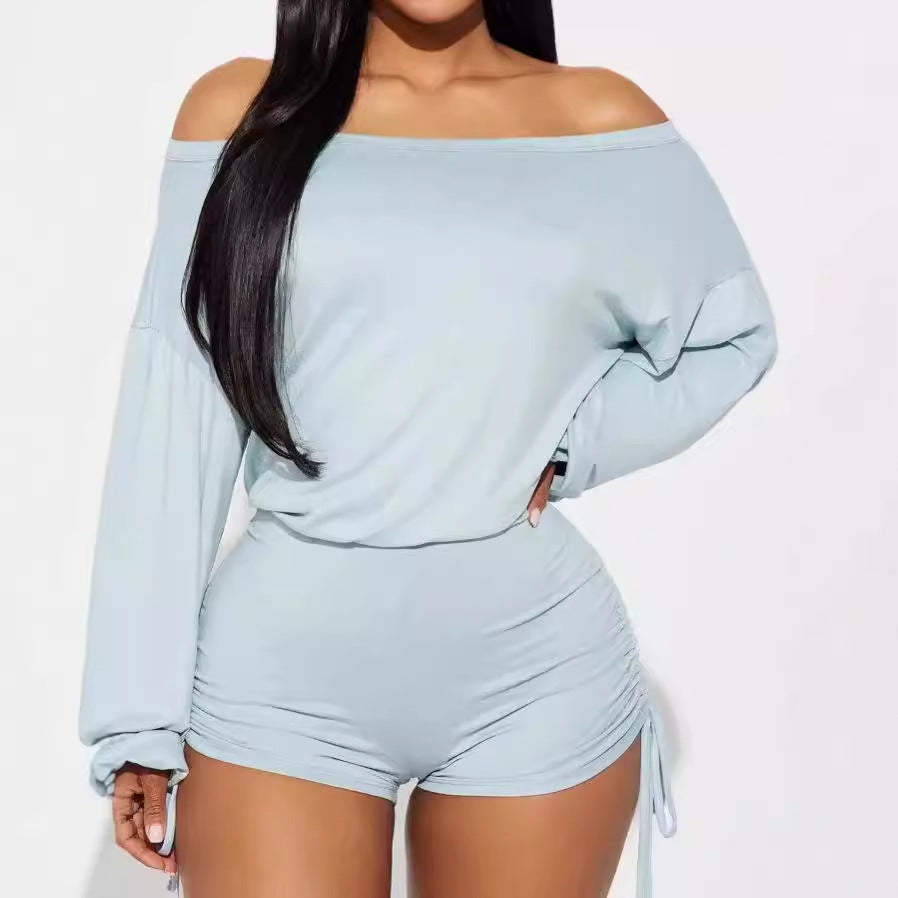 Damen Off-Shoulder Jumpsuit mit gerafften Seiten R&B