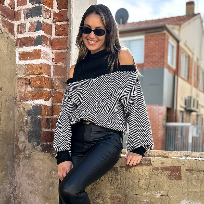 Damen Strickpullover mit Schulterfreiem Design und Stilvollem Zickzackmuster R&B