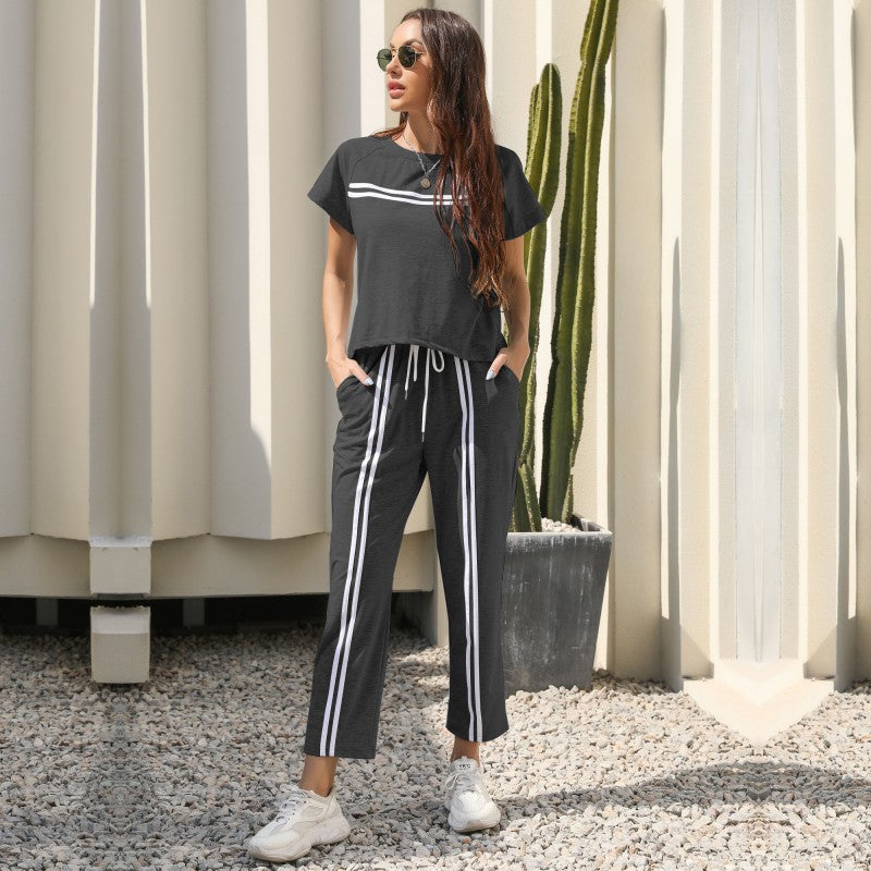 Damen Freizeit-Set mit sportlichen Streifen und elastischem Bund R&B
