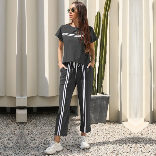 Damen Freizeit-Set mit sportlichen Streifen und elastischem Bund R&B