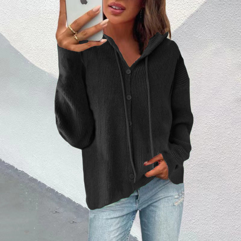 Damen Strickjacke mit Kapuze und Knopfleiste R&B