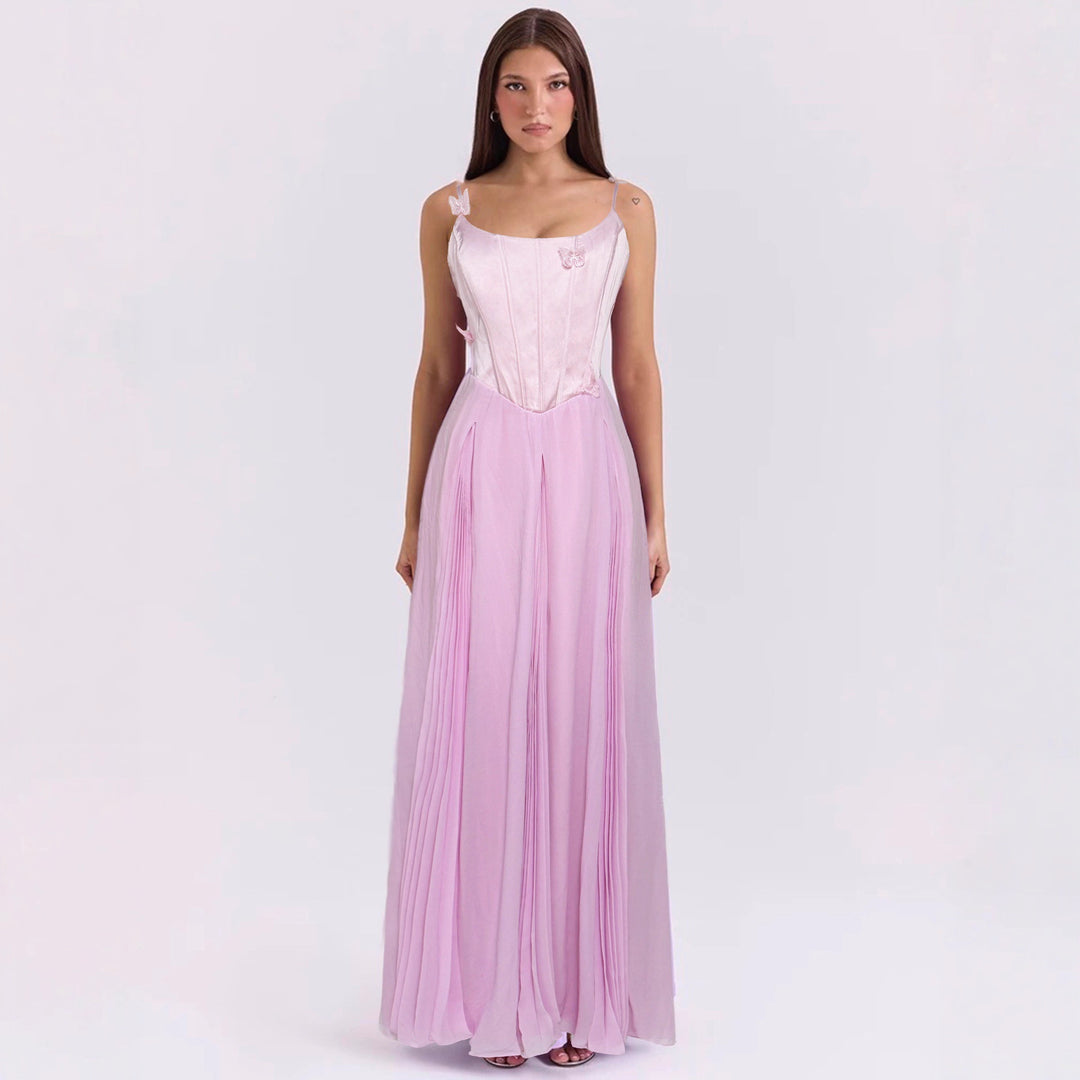 Damen nan figurbetontes Korsett-Maxikleid mit Schmetterlings-Trägern und plissiertem Chiffonrock R&B