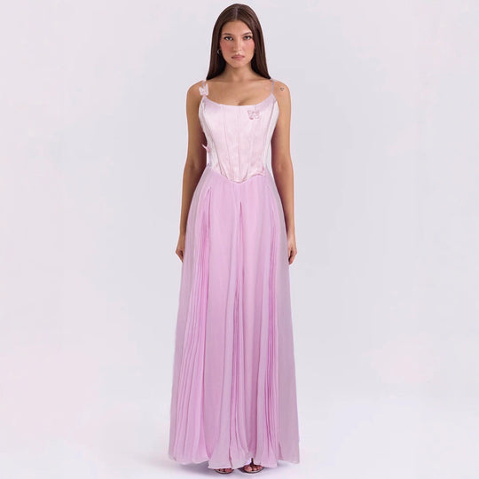 Damen nan figurbetontes Korsett-Maxikleid mit Schmetterlings-Trägern und plissiertem Chiffonrock R&B