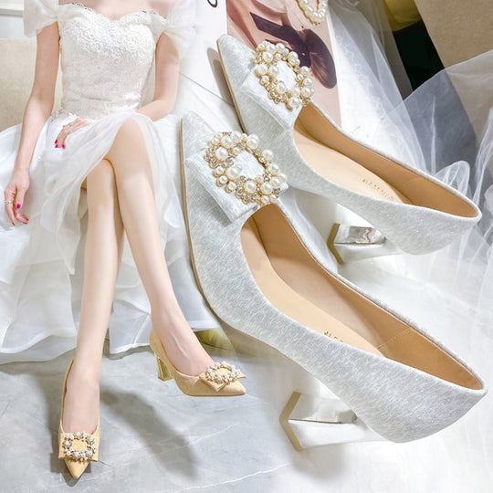 Damen elegante High Heels mit perlbesetztem Schleifenakzent und blockiertem Absatz R&B