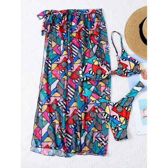 Damen Bikini-Set mit modischem Wickelrock und buntem Grafikdruck R&B