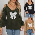 Damen modischer Pullover mit verspielt eingestricktem Schleifenmotiv R&B