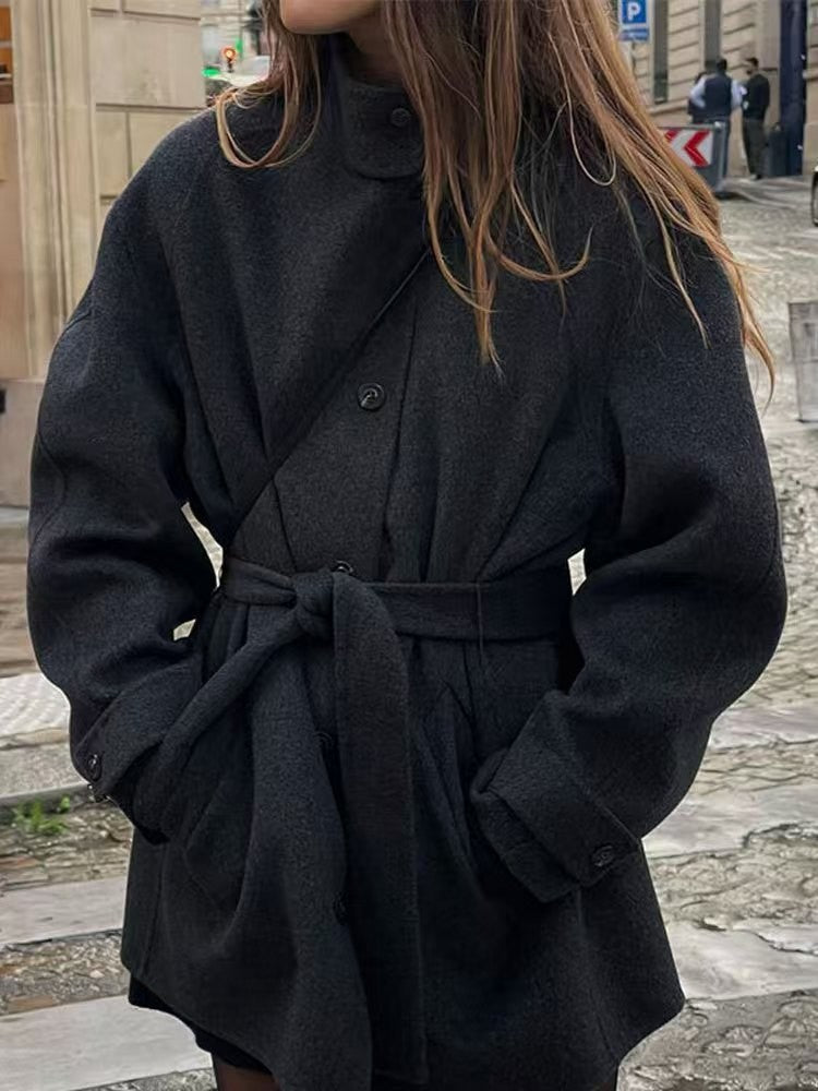 Damen Modische Wolljacke mit taillierbarem Gürtel und steigendem Kragen R&B