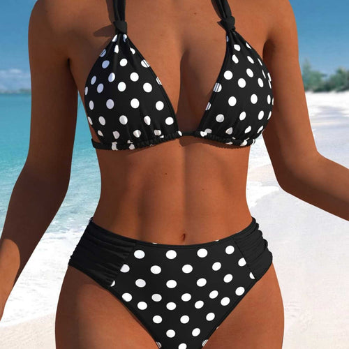 Damen Hochgeschnittener Triangel-Bikini mit punktiertem Design und verstellbaren Trägern R&B