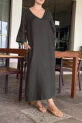 Damen luftiges Maxikleid aus atmungsaktiver Baumwolle mit V-Ausschnitt und praktischen Taschen R&B