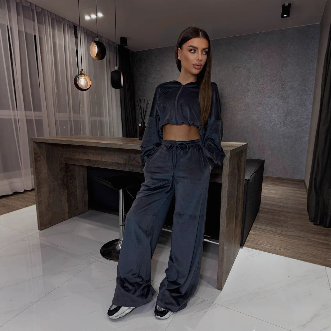 Damen Fleece-Haustextilien-Set mit cropped Oberteil und weitem Hosen R&B